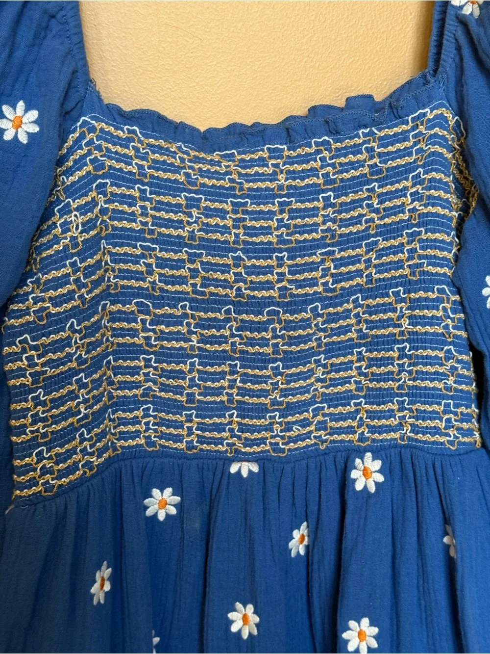 Free People Royal Blue Maxi Prairie Dress with White Daisy Embroidery